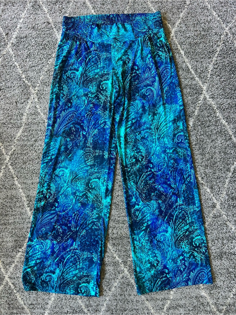 Cache Wide-Leg Pants Soft Draping Blue Teal Paisley Flowy Comfortable Casual